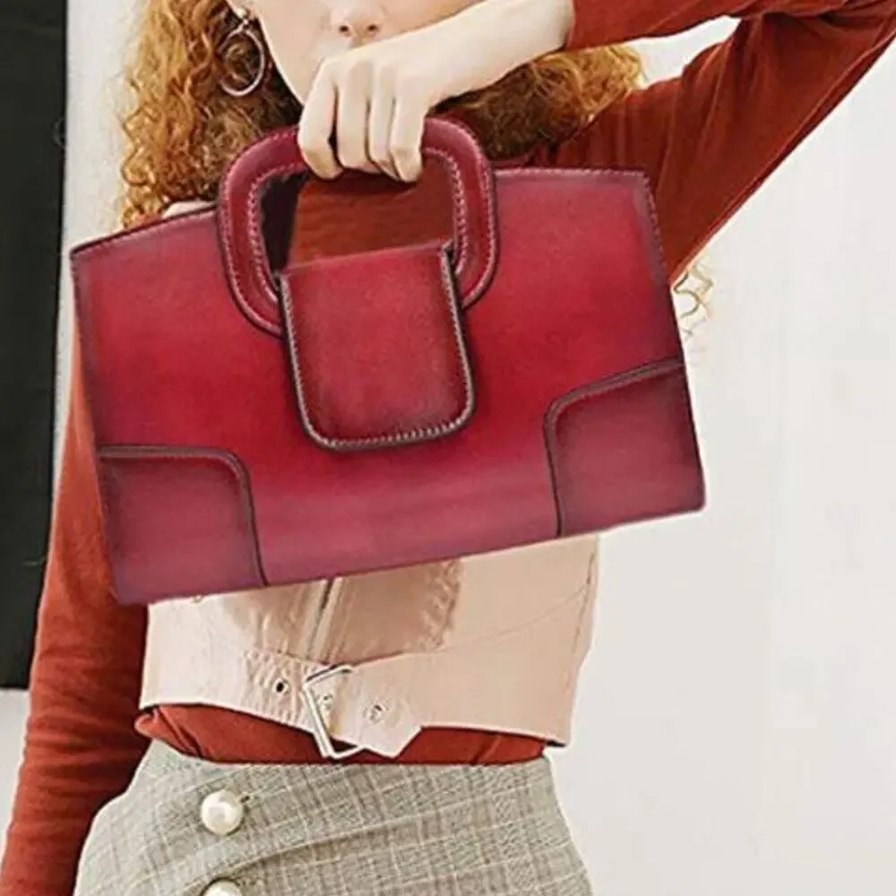 Vintage Style Flap Dark Red Tote Top Handle Satchel Handbags Vegan Leather